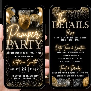 Faire-part numérique pour se faire dorloter, invitation animée pyjama noir doré pour une soirée pyjama pour filles, journée au spa pour femmes, itinéraire électronique auto-modifiable