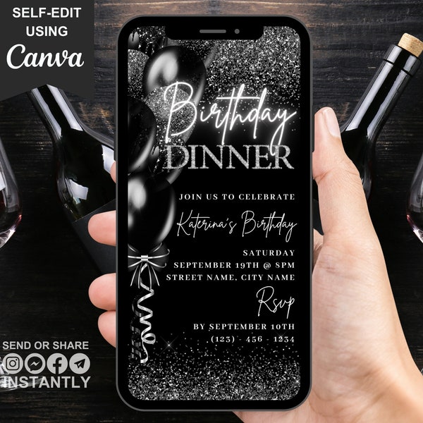 Digital Birthday Dinner Invitation, Black Tie Glam Invite, Animated Black Silver Diamond Evite For Men & Women, Self Editable Template eCard