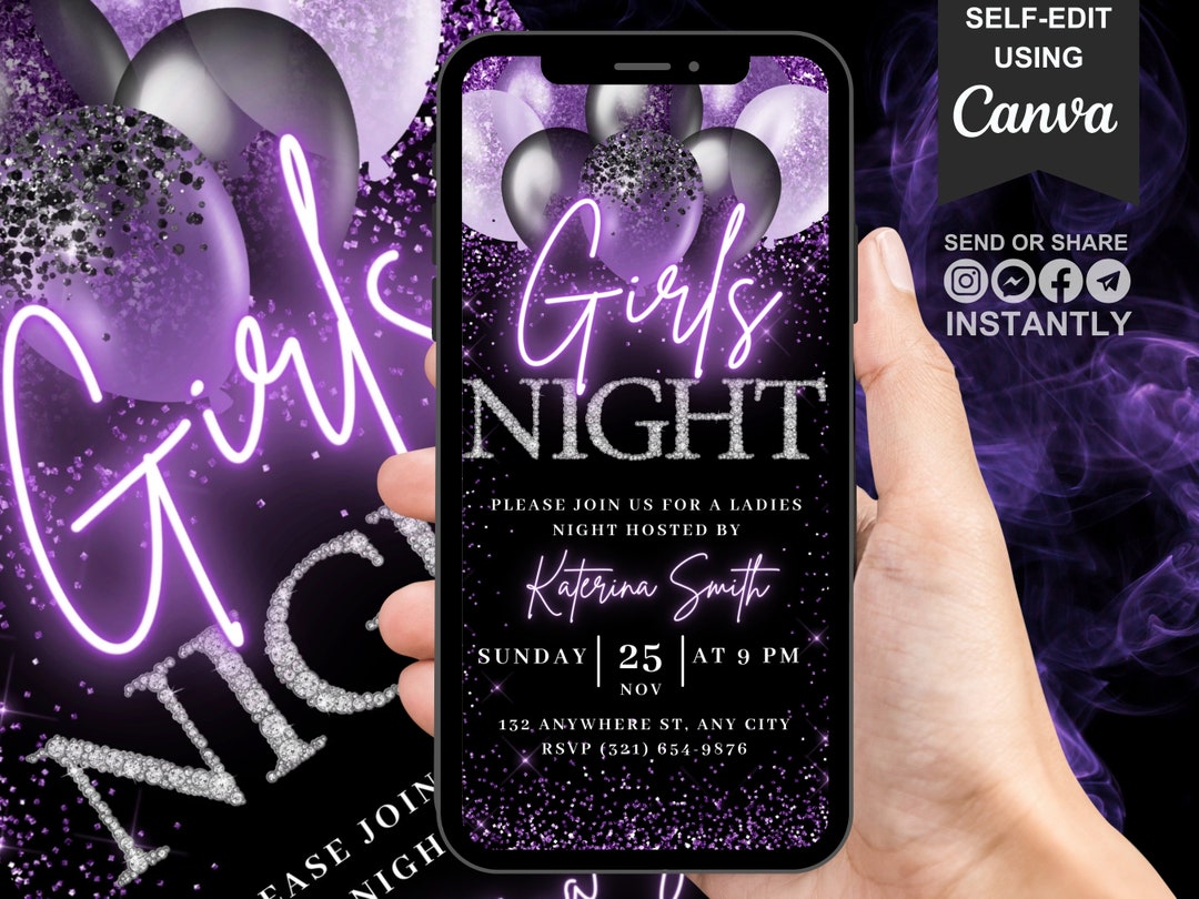 Digital Girls Night Out Invitation, Animated Fun Purple Birthday Invite ...