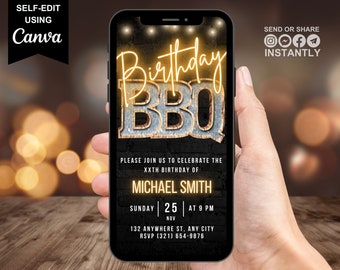 Bewerkbare verjaardagsuitnodiging BBQ-feestje, achtertuin barbecue telefoontekst Evite, uitnodiging terrasfeestje