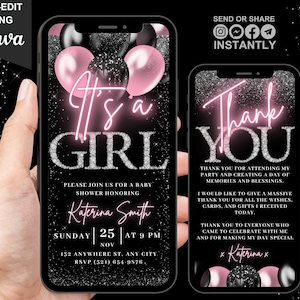 Digital Baby Girl Shower Invitation, Animated Baby Shower Invite, Blush Pink Balloons Diamonds Phone Mobile Evite, Editable Thank You eCard