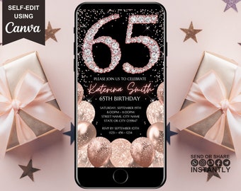 Invitación digital para 65 cumpleaños, invitación electrónica para fiesta de 65 cumpleaños, diamantes de oro rosa, texto de descarga instantánea de Evite, plantilla editable
