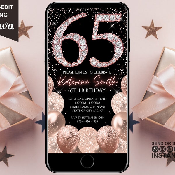 65th Birthday Digital Invitation, Electronic 65th Birthday Party Invite, Rose Gold Diamonds, Instant Download Text Evite, Editable Template