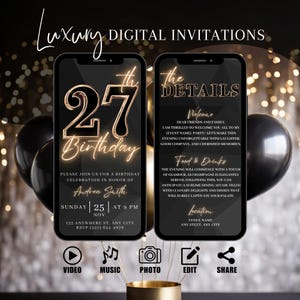 27th Birthday Party Invitation, Digital Black Gold Dinner Invite For Men, Black Tie Video Evite For Him, Self Editable DIY Itinerary eCard