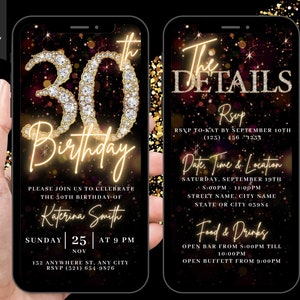 Convite de vídeo para festa de aniversário de 30 anos digital, convite glamoroso para 30 anos, convite animado em preto dourado e prata com diamantes, cartão eletrônico de itinerário autoeditável