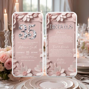 Digital 35th Birthday Invitation, Surprise 35 Dinner Party Invite, Elegant Soft Pink Video Evite For Women, Self Edit DIY Itinerary eCard