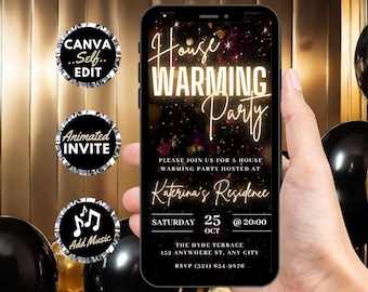 Editable Housewarming Party Invitation, Gold New Home Invite, Animated Evite