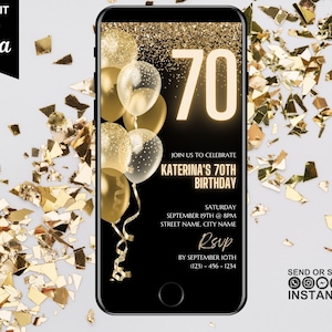 Faire-part d'anniversaire numérique pour 70e, 70e invitation électronique à une fête téléphonique, Evite de texte en or noir, message texte modifiable de carte virtuelle, téléchargement immédiat