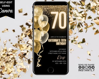 Invitación digital para 70 cumpleaños, invitación electrónica para fiesta telefónica de 70 años, texto en dorado y negro de Evite, mensaje de texto editable para tarjeta electrónica, descarga instantánea