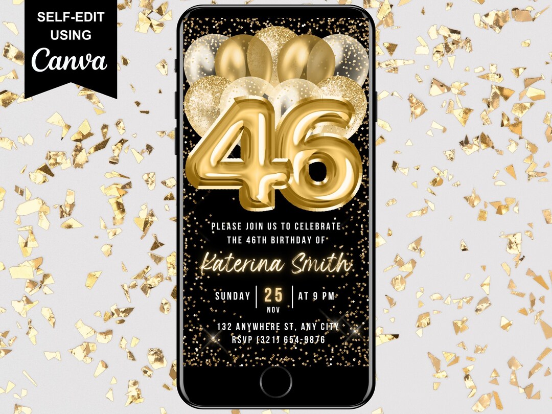 Digital 46th Birthday Invitation, Animated 46th Gold Balloon Dinner ...