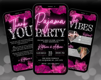 Digital Pajama Party Birthday Invitation, Animated PJs Girls Night Invite, Hot Pink Bachelorette Evite, Editable Itinerary & Thank You eCard