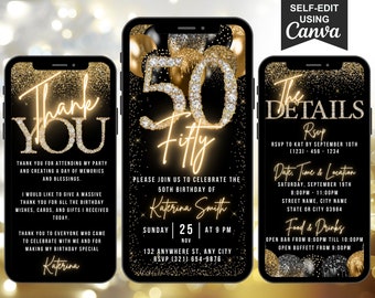 Invitación digital para fiesta de 50 cumpleaños para mujer, video de invitación a una cena de cumpleaños con temática de 50 años en oro negro, itinerario editable y tarjeta electrónica de agradecimiento.
