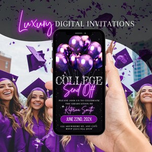 Invito per la festa di laurea, invito per la festa del baule viola, invito per la festa di laurea, invito per la festa di laurea della scuola superiore, modello di biglietto d&#39;auguri digitale