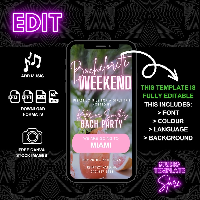 May include: Editable bachelorette party invitation template with pink and neon pink text. The text says "Bachelorette Weekend" and "Katerina Smith's Bach Party". The invitation says "We are going to Miami" and includes the dates "July 20th - 25th, 2024".