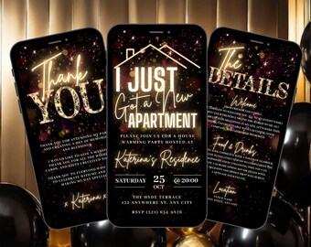 Digital Housewarming Party Invitation, Animated New Apartment House Warming Invite, Black Gold New Home Evite, Self Edit DIY Itinerary Ecard