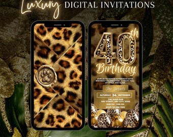 Invito per il 40° compleanno, tema leopardo, modello di biglietto digitale per feste con stampa ghepardo in oro