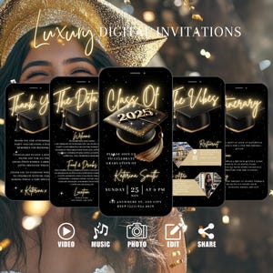 Digital Class Of 2026 Graduation Party Invitation, Animated Gold College Announcement Invite, Self Editable Vibes Itinerary eCard Bundle
