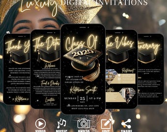 Digital Class Of 2026 Graduation Party Invitation, Animated Gold College Announcement Invite, Self Editable Vibes Itinerary eCard Bundle