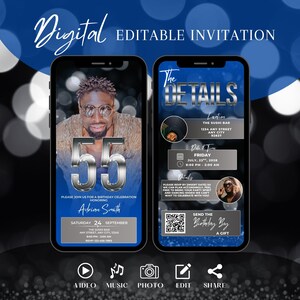 Editable 55th Birthday Invitation for Men, Dinner Party Evite, Classy Blue and Silver Digital Template, Social 55th Milestone Party Template