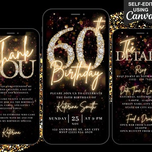 Digital 60th Birthday Party Video Invitation, 60th Invite For Her, Animated Black Gold Silver Evite, Editable Itinerary & Thank You eCard