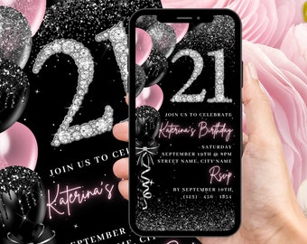 Invito digitale per il 21° compleanno, invito animato rosa cipria per il 21° compleanno di una ragazza, grazioso invito elettronico con diamanti per donna, modello di cartolina elettronica modificabile.