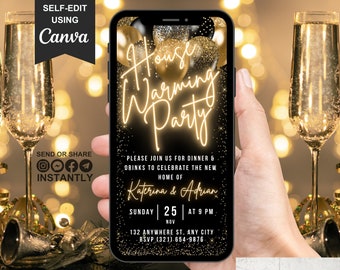 Digital Housewarming Party Invitation, Animated New Home Invite, Black Gold Balloon Neon Invite, Phone Text Evite, Canva Editable Template