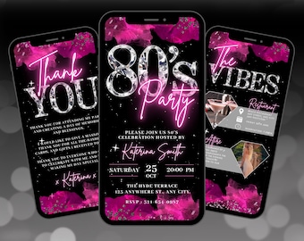 Digitale uitnodiging voor feest 80s, geanimeerde felroze uitnodiging, terug naar de jaren 80 Disco Diamond Evite, moderne e-card