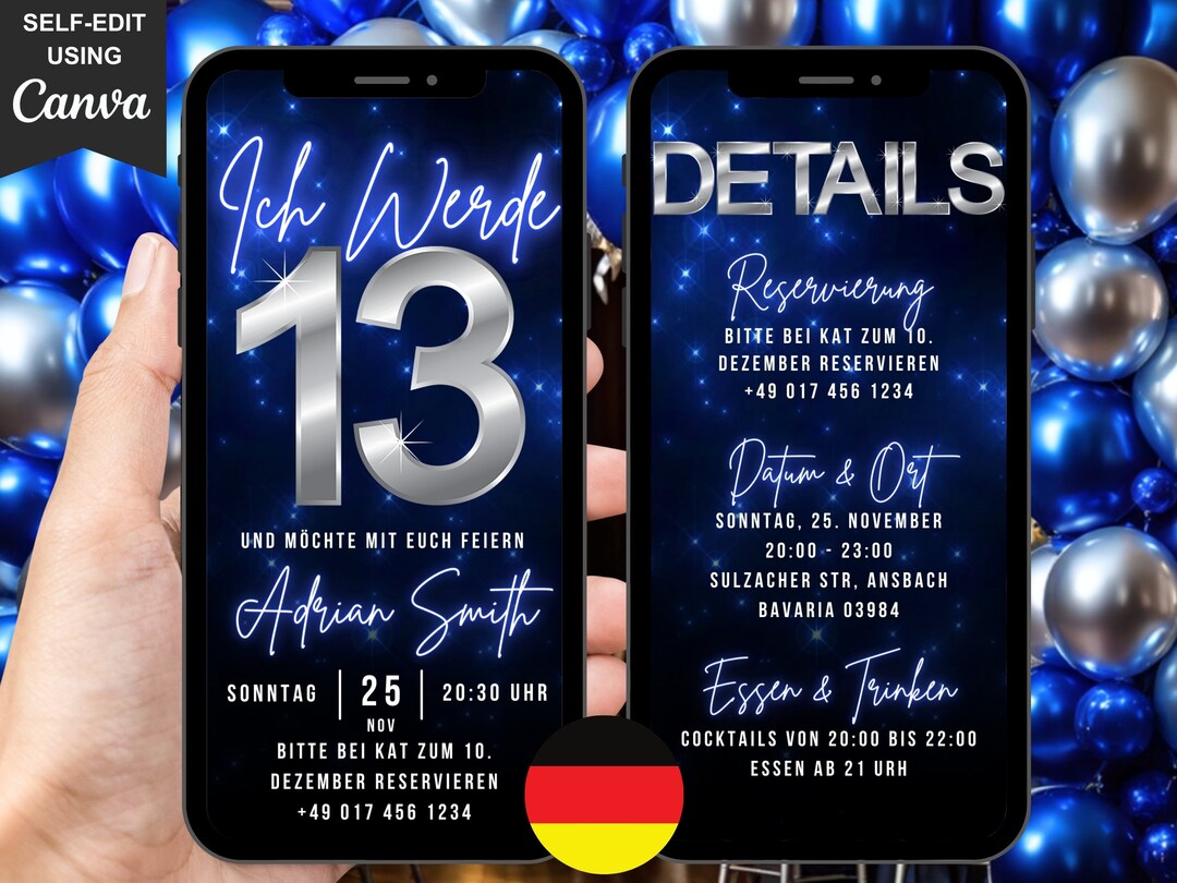 Deutsche Digitale Einladung Geburtstag 13, Animated Blue Silver 13th