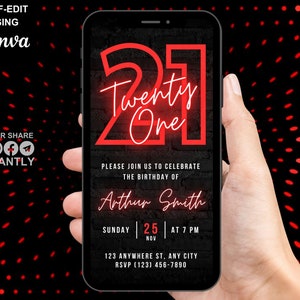 Invito digitale per la festa di compleanno dei 21 anni, invito elettronico tramite SMS, modello animato modificabile per ragazzi e ragazze.