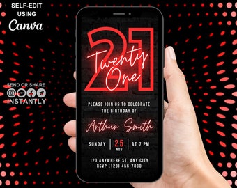 Digital 21st Birthday Party Red Neon Invitation, Electronic Phone Text Message Evite, Editable Animated Template Invite For Boys And Girls