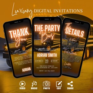Digital Party Bus Invitation, Boys VIP Limo Birthday Party Invite, Orange Gaming Bus Evite For Men, Self Editable Itinerary Template eCard