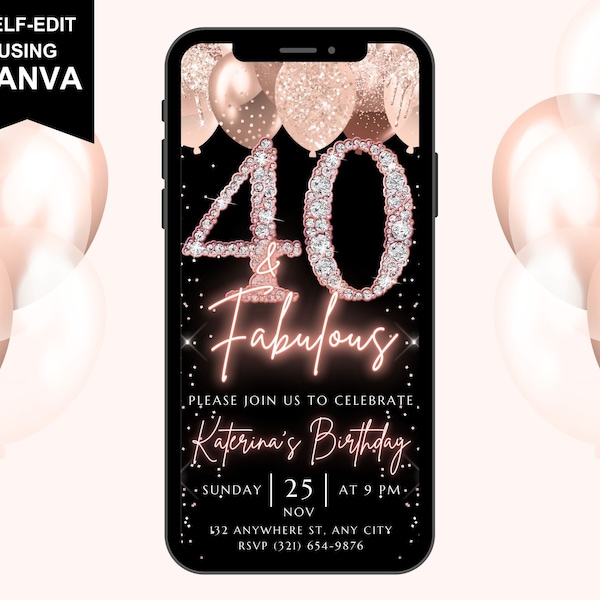 40 und fabelhafte digitale Einladung zum Geburtstag, 40th Surprise Party Invite Message, Rose Gold Diamonds, Instant Download Text Evite, bearbeitbar