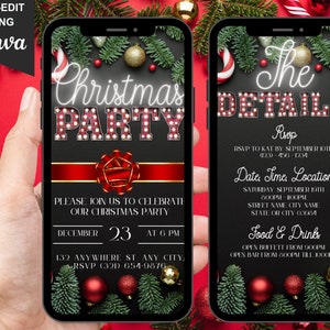 Digital Christmas Party Invitation, Electronic Phone Text Evite, Marquee White Neon Font Xmas Holiday Invite, Self Editable Itinerary eCard