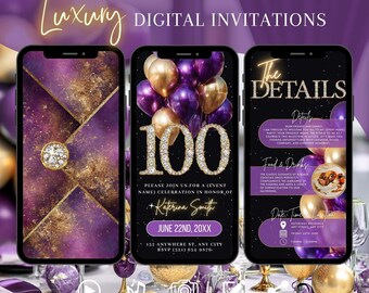 May include: Three smartphones displaying digital invitations. The invitations feature a purple and gold color scheme with the text "Luxury Digital Invitations." One invitation reads "100" with the name "Katerina Smith" and event details.