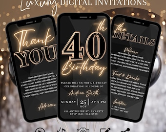 Digital 40th Birthday Party Invitation, Animated Black Gold Dinner Invite For Women, Brunch Evite For Her, Editable Itinerary Template eCard