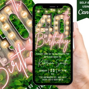 Convite digital para 40º aniversário, convite animado para ela, cartão eletrônico Marquee Rose Gold Neon para mulheres, mensagem de texto Canva autoeditável
