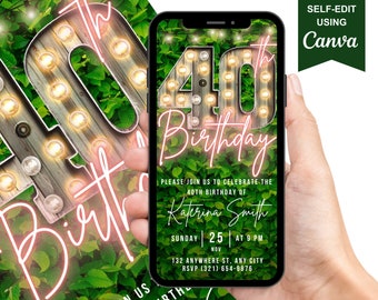 Digital 40th Birthday Invitation, Animated 40th Invite For Her, Marquee Rose Gold Neon eCard For Women, Self Editable Canva Text Message