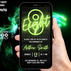 Digital 8th Birthday Party Green Neon Invitation, Electronic Phone Text Message Evite, Editable Animated Template Invite For Boys And Girls