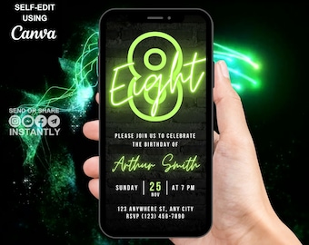 Digital 8th Birthday Party Green Neon Invitation, Electronic Phone Text Message Evite, Editable Animated Template Invite For Boys And Girls