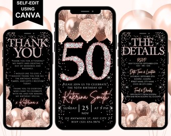 Plantilla digital de invitación de cumpleaños número 50, invitación animada para el 50 cumpleaños, invitación para fiesta de 50 cumpleaños con confeti oro rosa, tarjeta electrónica editable de agradecimiento e itinerario.