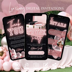 Invitación digital para fiesta de graduación, anuncio rosa de la generación 2025, despedida universitaria, plantilla de itinerario de despedida de graduado (tarjeta electrónica)