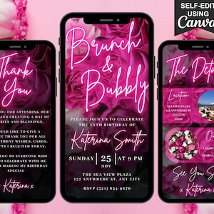 Digitaler Brunch und sprudelnde Party-Einladung, digitale Brunch-Geburtstagseinladung, animierte rosa Blumen-Evite, bearbeitbarer Reiseplan & Danke Ecard
