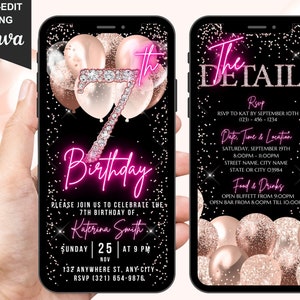 Digital 7th Birthday Invitation, Animated 7th Party Invite For Girls, Cute Rose Gold Diamond Evite For Kids, Self Editable Itinerary eCard