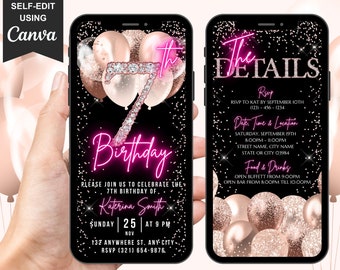 Faire-part numérique pour 7e anniversaire, invitation animée 7e anniversaire pour filles, joli diamant en or rose pour enfants, itinéraire électronique modifiable