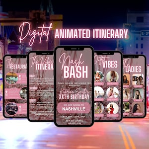May include: A digital animated itinerary for a girls trip to Nashville, Tennessee for Katerina Smith's 20th birthday. The itinerary includes a list of activities and events, as well as outfit suggestions for each day. The itinerary is designed to be shared on social media.