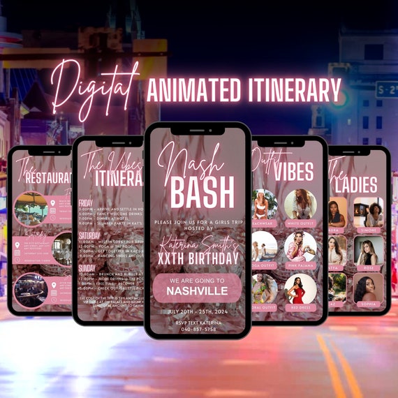 Digital Nash Bash Invitation, Animated Bachelorette Itinerary, Brides Last Ride, Nashville Bach Weekend Getaway, Rose Gold Travel Template