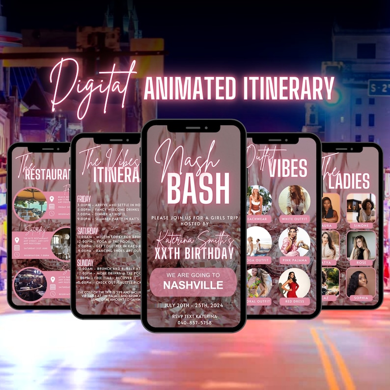 May include: A digital animated itinerary for a girls trip to Nashville, Tennessee for Katerina Smith's 20th birthday. The itinerary includes a list of activities and events, as well as outfit suggestions for each day. The itinerary is designed to be shared on social media.
