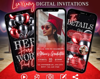Graduation Party Invitation, Digital Red Grad Announcement Picture Invite, Animated Class of 2026 Evite, Law School Template eCard For Women