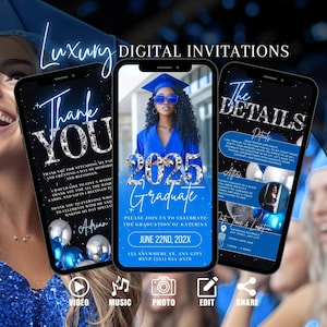 Invitación de graduación con foto 2025, anuncio digital de graduación azul de Evite, invitación animada de graduación, plantilla de tarjeta electrónica para fiesta de despedida universitaria