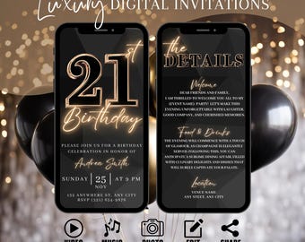 Convite digital para festa de 21 anos, convite animado para jantar em ouro preto para mulheres, vídeo de convite para ela, itinerário eletrônico autoeditável faça você mesmo